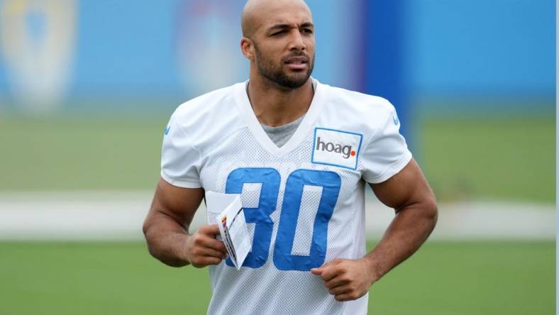 Jun 13, 2023; Costa Mesa, CA, USA; Los Angeles Chargers running back Austin Ekeler (30) during minicamp at the Hoag Performance Center. Mandatory Credit: Kirby Lee-USA TODAY Sports