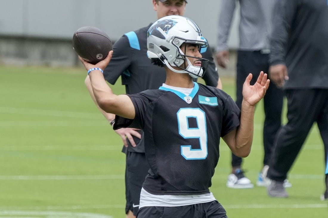 Jun 14, 2023; Charlotte, NC, USA; Carolina Panthers quarterback Bryce Young (9) throws during the Carolina Panthers minicamp. Mandatory Credit: Jim Dedmon-USA TODAY Sports