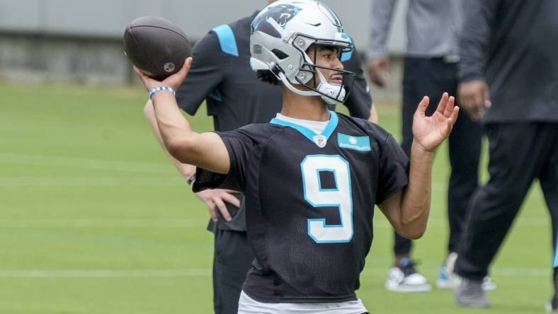 Jun 14, 2023; Charlotte, NC, USA; Carolina Panthers quarterback Bryce Young (9) throws during the Carolina Panthers minicamp. Mandatory Credit: Jim Dedmon-USA TODAY Sports