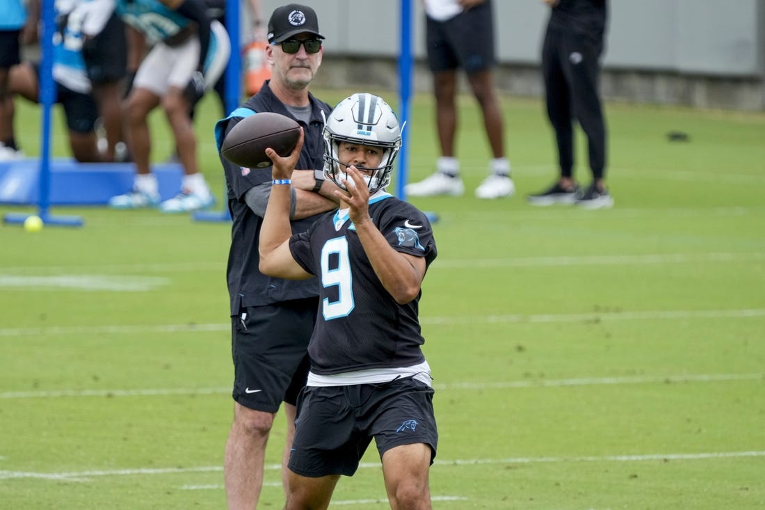 Jun 14, 2023; Charlotte, NC, USA;  Carolina Panthers head coach Frank Reich watches quarterback Bryce Young (9) during the Carolina Panthers minicamp. Mandatory Credit: Jim Dedmon-USA TODAY Sports