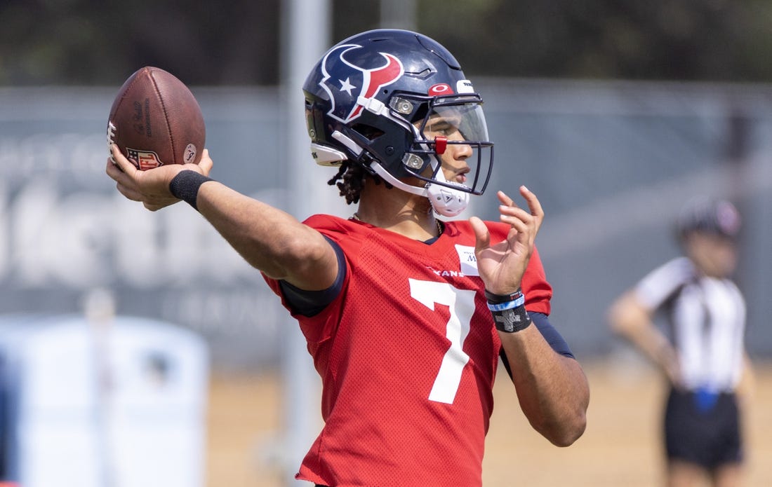 Jun 14, 2023; Houston, Texas, USA;  Houston Texans quarterback C.J. Stroud (7) drops back to throw during the Texans minicamp at the Houston Texans Methodist Training Center. Mandatory Credit: Thomas Shea-USA TODAY Sports