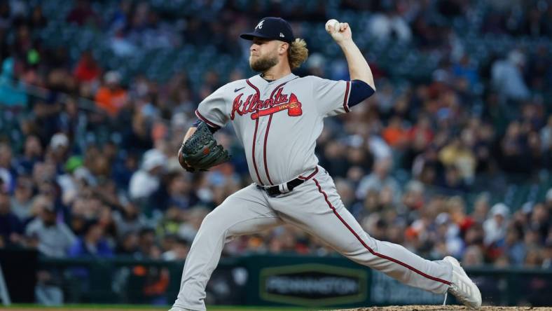 Jun 12, 2023; Detroit, Michigan, USA;  Atlanta Braves relief pitcher A.J. Minter (33) pitches against the Detroit Tigers at Comerica Park. Mandatory Credit: Rick Osentoski-USA TODAY Sports