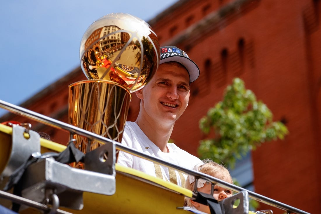 Jun 15, 2023; Denver, CO, USA; Denver Nuggets center Nikola Jokic during the championship parade after the Denver Nuggets won the 2023 NBA Finals. Mandatory Credit: Isaiah J. Downing-USA TODAY Sports