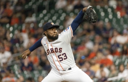 Jun 15, 2023; Houston, Texas, USA; Houston Astros starting pitcher Cristian Javier (53) pitches against the Washington Nationals in the first inning at Minute Maid Park. Mandatory Credit: Thomas Shea-USA TODAY Sports