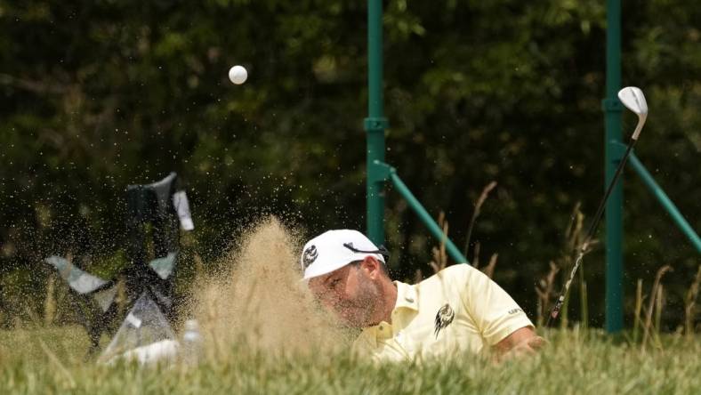 Jun 16, 2023; Los Angeles, California, USA; Sergio Garcia (LIV player) plays a shot from a bunker first green during the second round of the U.S. Open golf tournament at Los Angeles Country Club. Mandatory Credit: Michael Madrid-USA TODAY Sports