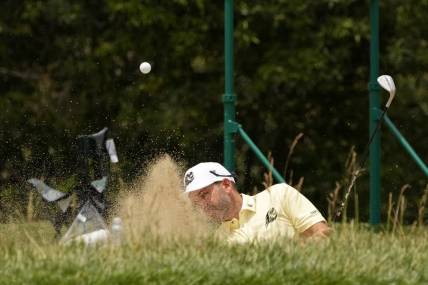 Jun 16, 2023; Los Angeles, California, USA; Sergio Garcia (LIV player) plays a shot from a bunker first green during the second round of the U.S. Open golf tournament at Los Angeles Country Club. Mandatory Credit: Michael Madrid-USA TODAY Sports