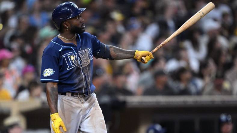 Jun 16, 2023; San Diego, California, USA; Tampa Bay Rays left fielder Randy Arozarena (56) watches his three-run home run against the San Diego Padres during the fifth inning at Petco Park. Mandatory Credit: Orlando Ramirez-USA TODAY Sports