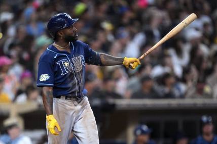 Jun 16, 2023; San Diego, California, USA; Tampa Bay Rays left fielder Randy Arozarena (56) watches his three-run home run against the San Diego Padres during the fifth inning at Petco Park. Mandatory Credit: Orlando Ramirez-USA TODAY Sports