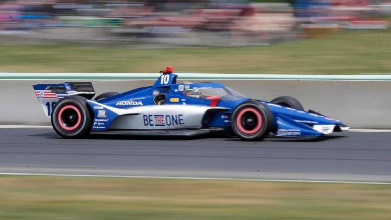 Alex Palou (10) speeds up from turn 14 during the Sonsio Grand Prix, Sunday, June 18, 2023, at Elkhart Lake   s Road America near Plymouth, Wis.