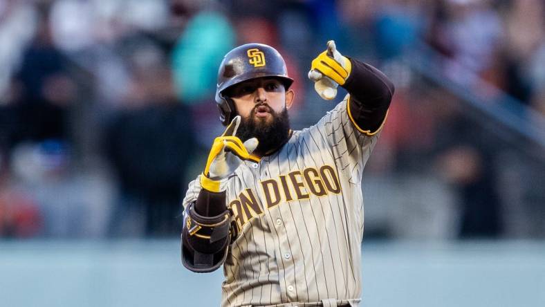 Jun 19, 2023; San Francisco, California, USA; San Diego Padres designated Rougned Odor (24) reacts after hitting a double against the San Francisco Giants during the fourth inning at Oracle Park. Mandatory Credit: John Hefti-USA TODAY Sports