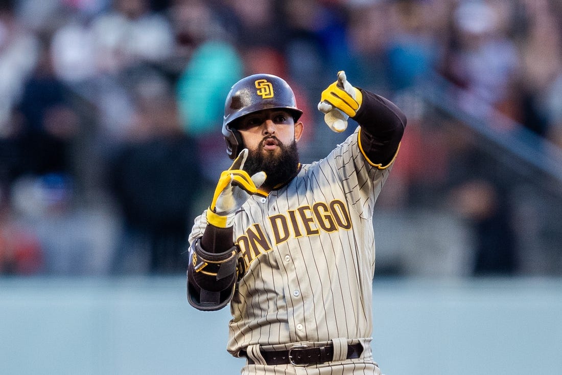 Jun 19, 2023; San Francisco, California, USA; San Diego Padres designated Rougned Odor (24) reacts after hitting a double against the San Francisco Giants during the fourth inning at Oracle Park. Mandatory Credit: John Hefti-USA TODAY Sports