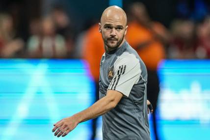 Jun 21, 2023; Atlanta, Georgia, USA; Atlanta United defender Andrew Gutman (15) on the field prior to the match against New York City FC at Mercedes-Benz Stadium. Mandatory Credit: Dale Zanine-USA TODAY Sports