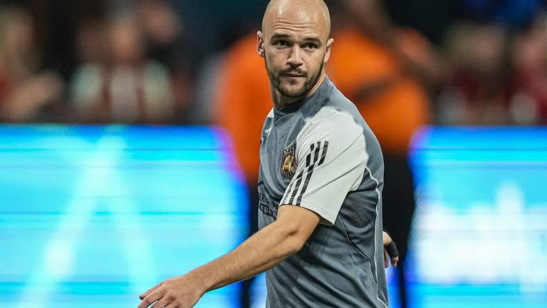 Jun 21, 2023; Atlanta, Georgia, USA; Atlanta United defender Andrew Gutman (15) on the field prior to the match against New York City FC at Mercedes-Benz Stadium. Mandatory Credit: Dale Zanine-USA TODAY Sports