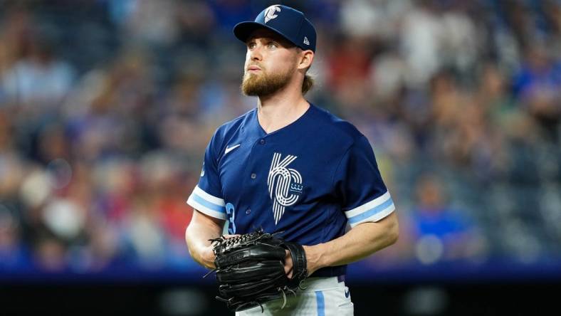 May 26, 2023; Kansas City, Missouri, USA; Kansas City Royals relief pitcher Josh Staumont (63) reacts as he leaves the field during the sixth inning against the Washington Nationals at Kauffman Stadium. Mandatory Credit: Jay Biggerstaff-USA TODAY Sports