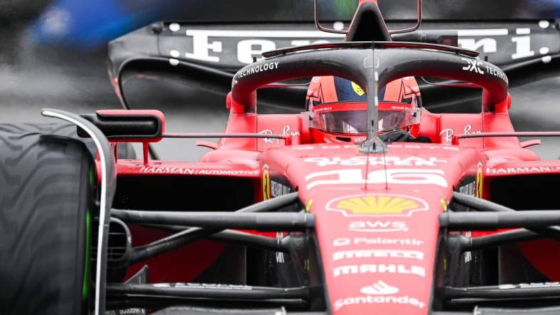 Jun 17, 2023; Montreal, Quebec, CAN; Ferrari driver Charles Leclerc (MON) races during the qualifying session of the Canadian Grand Prix at Circuit Gilles Villeneuve. Mandatory Credit: David Kirouac-USA TODAY Sports