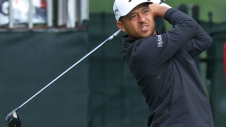 Jun 22, 2023; Cromwell, Connecticut, USA; Xander Schauffele plays his shot from the tenth tee during the first round of the Travelers Championship golf tournament. Mandatory Credit: Vincent Carchietta-USA TODAY Sports