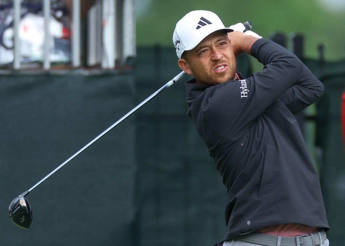 Jun 22, 2023; Cromwell, Connecticut, USA; Xander Schauffele plays his shot from the tenth tee during the first round of the Travelers Championship golf tournament. Mandatory Credit: Vincent Carchietta-USA TODAY Sports
