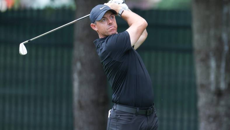 Jun 23, 2023; Cromwell, Connecticut, USA; Rory McIlroy plays his shot from the eighth tee during the second round of the Travelers Championship golf tournament. Mandatory Credit: Vincent Carchietta-USA TODAY Sports