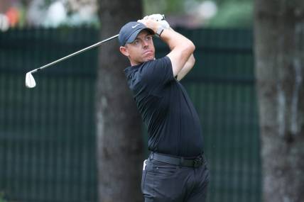 Jun 23, 2023; Cromwell, Connecticut, USA; Rory McIlroy plays his shot from the eighth tee during the second round of the Travelers Championship golf tournament. Mandatory Credit: Vincent Carchietta-USA TODAY Sports