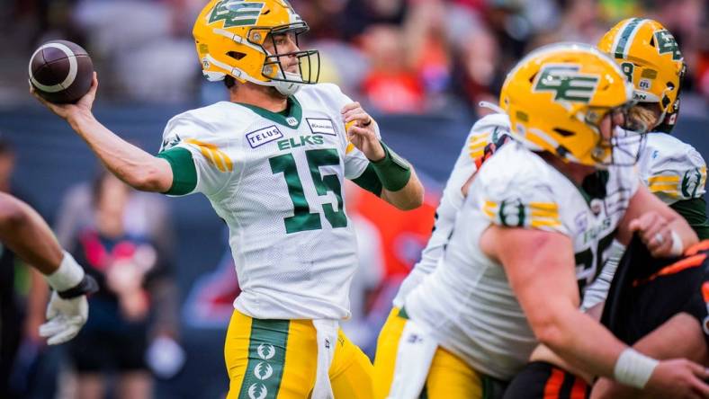 Jun 17, 2023; Vancouver, British Columbia, CAN; Edmonton Elks quarterback Taylor Cornelius (15) makes a pass against the BC Lions in the first half at BC Place. Mandatory Credit: Bob Frid-USA TODAY Sports