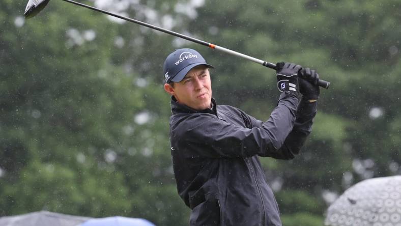 Jun 24, 2023; Cromwell, Connecticut, USA; Matt Fitzpatrick plays his shot from the first tee during the third round of the Travelers Championship golf tournament. Mandatory Credit: Vincent Carchietta-USA TODAY Sports