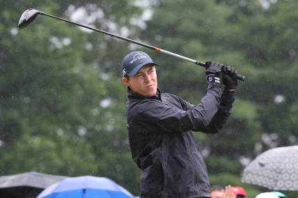 Jun 24, 2023; Cromwell, Connecticut, USA; Matt Fitzpatrick plays his shot from the first tee during the third round of the Travelers Championship golf tournament. Mandatory Credit: Vincent Carchietta-USA TODAY Sports