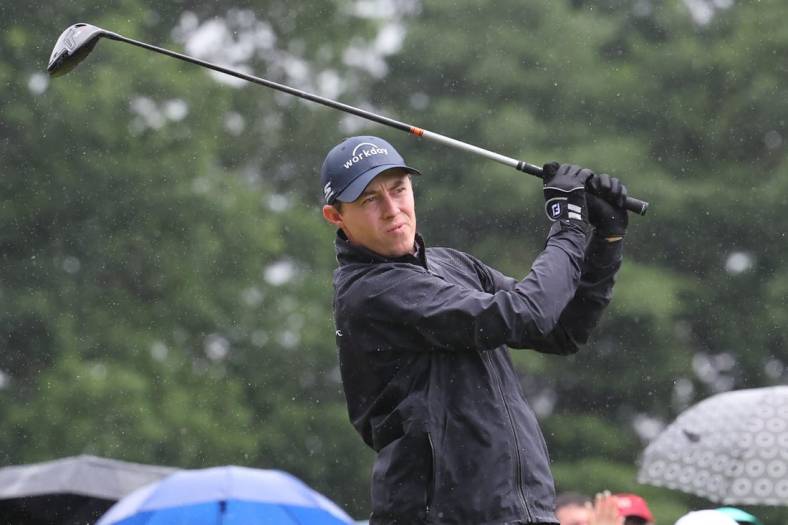 Jun 24, 2023; Cromwell, Connecticut, USA; Matt Fitzpatrick plays his shot from the first tee during the third round of the Travelers Championship golf tournament. Mandatory Credit: Vincent Carchietta-USA TODAY Sports