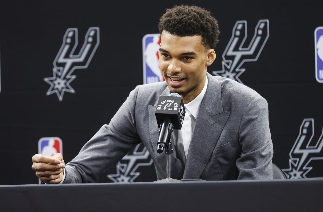 Jun 24, 2023; San Antonio, TX, USA; San Antonio Spurs draft pick Victor Wembanyama speaks at a press conference at AT&T Center. Mandatory Credit: Troy Taormina-USA TODAY Sports