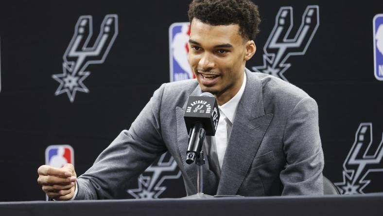 Jun 24, 2023; San Antonio, TX, USA; San Antonio Spurs draft pick Victor Wembanyama speaks at a press conference at AT&T Center. Mandatory Credit: Troy Taormina-USA TODAY Sports