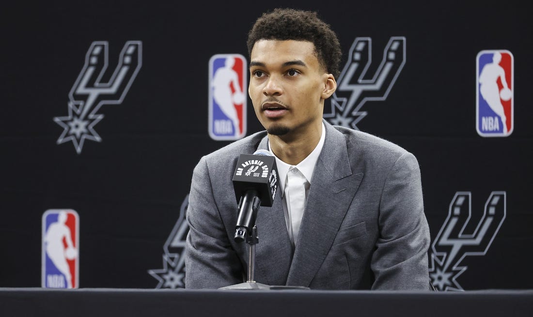 Jun 24, 2023; San Antonio, TX, USA; San Antonio Spurs draft pick Victor Wembanyama speaks at a press conference at AT&T Center. Mandatory Credit: Troy Taormina-USA TODAY Sports