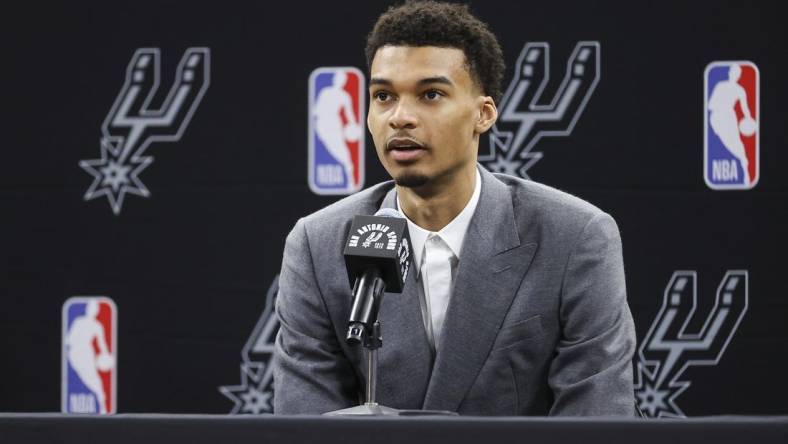 Jun 24, 2023; San Antonio, TX, USA; San Antonio Spurs draft pick Victor Wembanyama speaks at a press conference at AT&T Center. Mandatory Credit: Troy Taormina-USA TODAY Sports