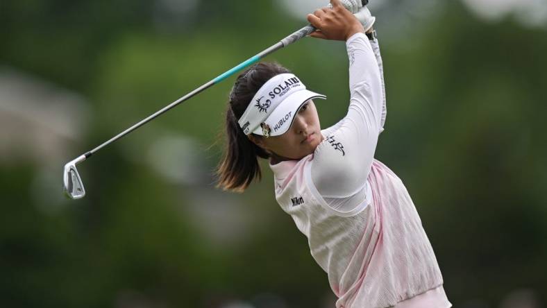 Jun 24, 2023; Springfield, New Jersey, USA; Jin Young Ko tees off on the 4th hole during the third round of the KPMG Women's PGA Championship golf tournament. Mandatory Credit: John Jones-USA TODAY Sports