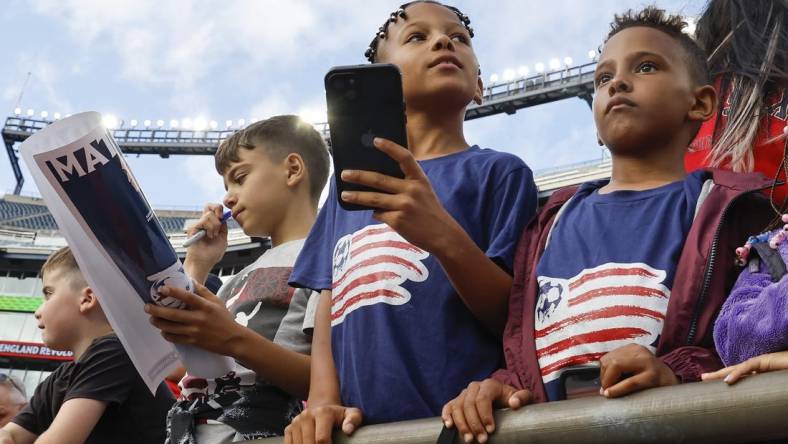 Jun 24, 2023; Foxborough, Massachusetts, USA; New England Revolution fans look on before the game between the New England Revolution and the Toronto FC at Gillette Stadium. Mandatory Credit: Winslow Townson-USA TODAY Sports