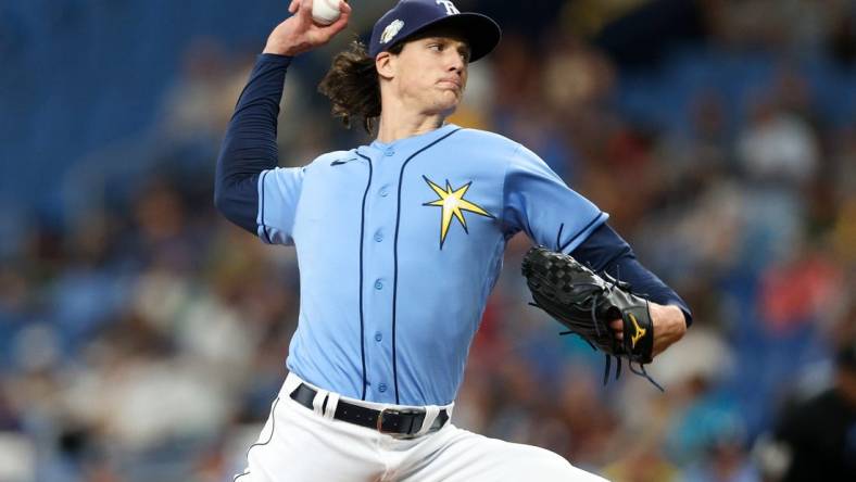 Jun 25, 2023; St. Petersburg, Florida, USA;  Tampa Bay Rays starting pitcher Tyler Glasnow (20) throws a pitch  against the Kansas City Royals in the first inning at Tropicana Field. Mandatory Credit: Nathan Ray Seebeck-USA TODAY Sports