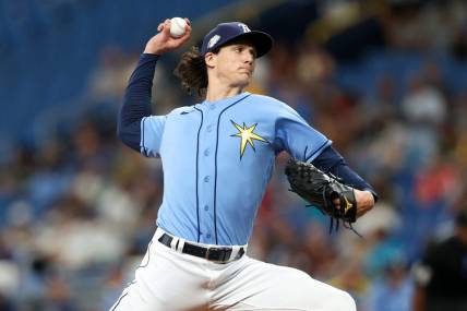 Jun 25, 2023; St. Petersburg, Florida, USA;  Tampa Bay Rays starting pitcher Tyler Glasnow (20) throws a pitch  against the Kansas City Royals in the first inning at Tropicana Field. Mandatory Credit: Nathan Ray Seebeck-USA TODAY Sports