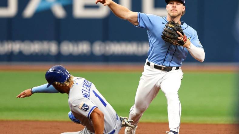 Jun 25, 2023; St. Petersburg, Florida, USA;  Tampa Bay Rays second baseman Taylor Walls (6) turns a double play against the Kansas City Royals in the second inning at Tropicana Field. Mandatory Credit: Nathan Ray Seebeck-USA TODAY Sports