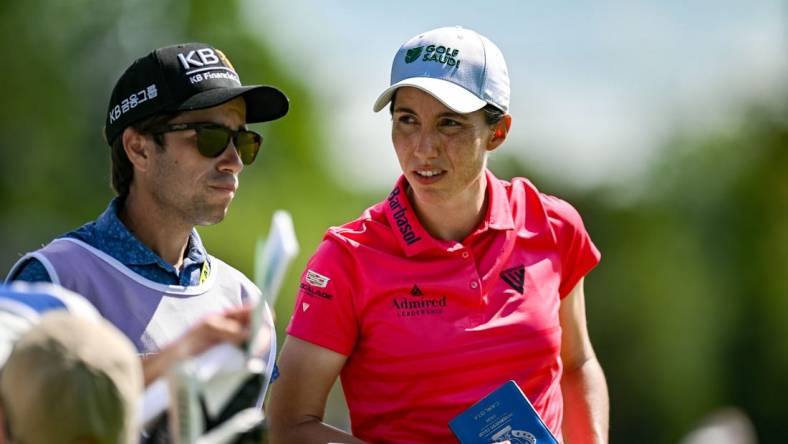 Jun 25, 2023; Springfield, New Jersey, USA; Carlota Ciganda talks to her caddy on the 4th hole during the final round of the KPMG Women's PGA Championship golf tournament. Mandatory Credit: John Jones-USA TODAY Sports