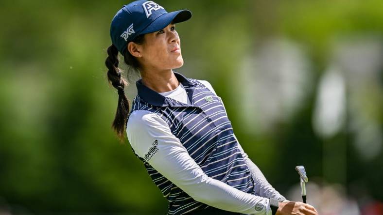 Jun 25, 2023; Springfield, New Jersey, USA; Celine Boutier tees off on the 4th hole during the final round of the KPMG Women's PGA Championship golf tournament. Mandatory Credit: John Jones-USA TODAY Sports