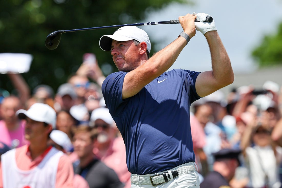 Jun 25, 2023; Cromwell, Connecticut, USA; Rory McIlroy plays his shot from the first tee during the final round of the Travelers Championship golf tournament. Mandatory Credit: Vincent Carchietta-USA TODAY Sports