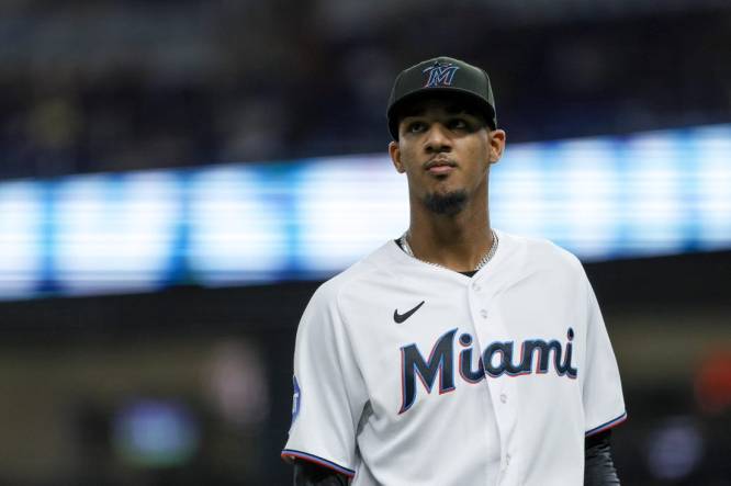 Miami Marlins starting pitcher Eury Perez (39) in action during a