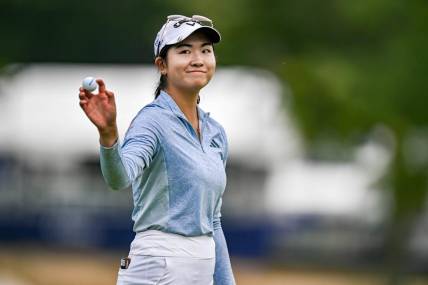 Jun 25, 2023; Springfield, New Jersey, USA; Rose Zhang reacts after completing the 18th hole during the final round of the KPMG Women's PGA Championship golf tournament. Mandatory Credit: John Jones-USA TODAY Sports