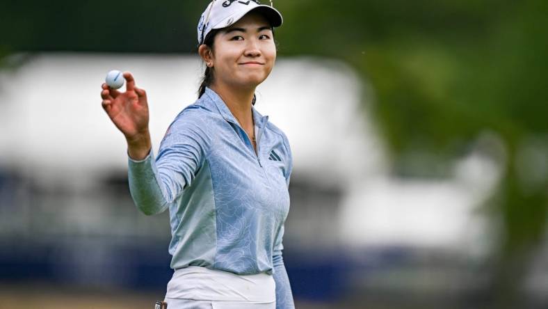 Jun 25, 2023; Springfield, New Jersey, USA; Rose Zhang reacts after completing the 18th hole during the final round of the KPMG Women's PGA Championship golf tournament. Mandatory Credit: John Jones-USA TODAY Sports