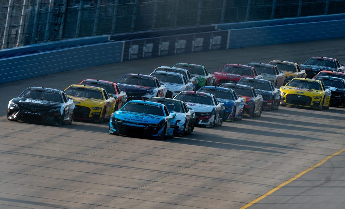 NASCAR Cup Series driver Ross Chastain (1) starts the race in pole position during the NASCAR Cup Series Ally 400 at Nashville Superspeedway in Lebanon, Tenn., Sunday, June 25, 2023.