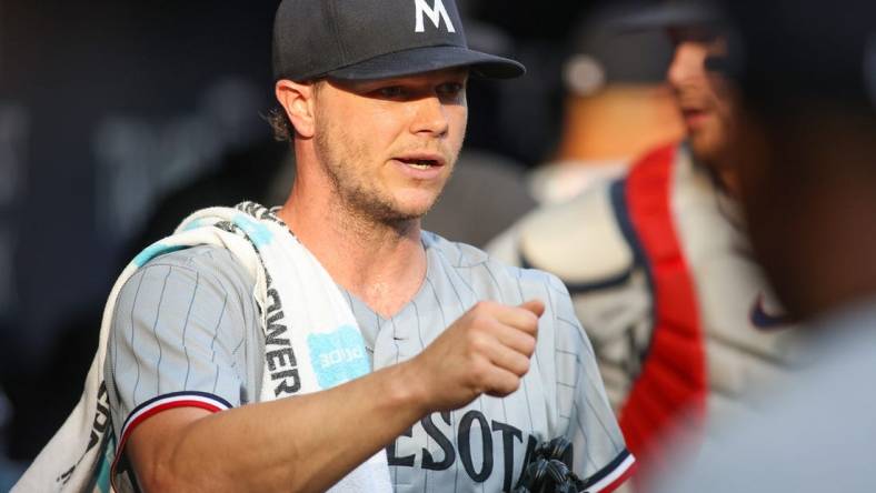 Jun 26, 2023; Atlanta, Georgia, USA; Minnesota Twins starting pitcher Sonny Gray (54) in the dugout before a game against the Atlanta Braves at Truist Park. Mandatory Credit: Brett Davis-USA TODAY Sports