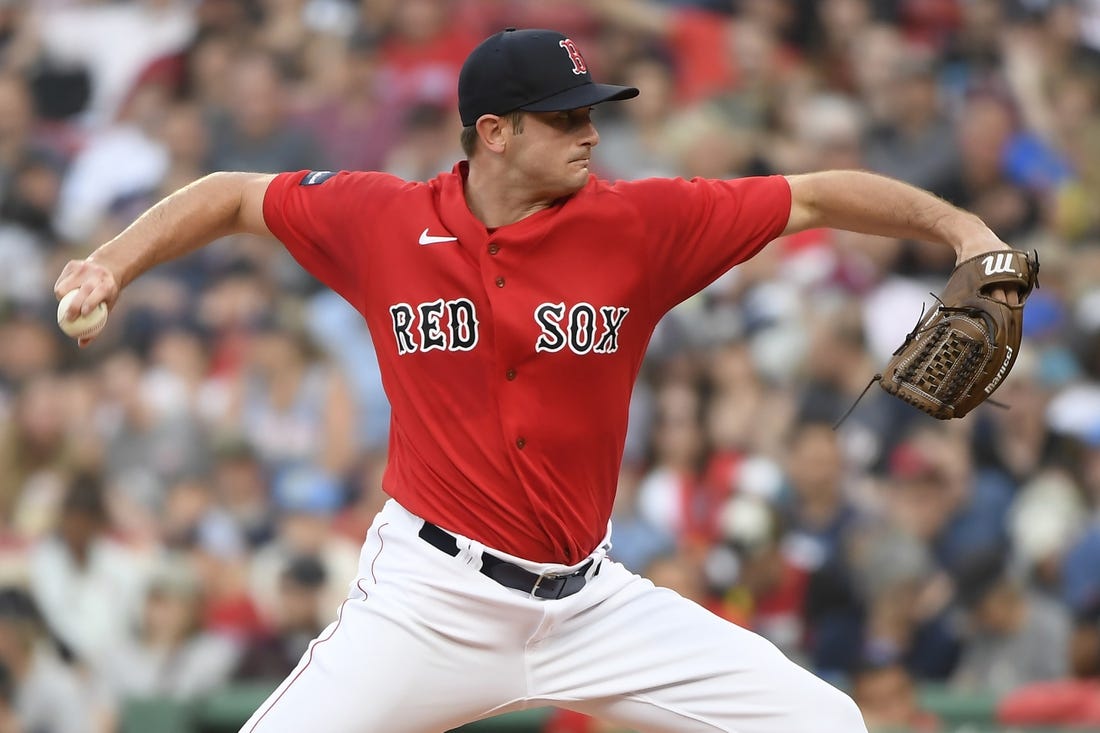 Jun 27, 2023; Boston, Massachusetts, USA;  Boston Red Sox starting pitcher Garrett Whitlock (22) pitches during the first inning against the Miami Marlins at Fenway Park. Mandatory Credit: Bob DeChiara-USA TODAY Sports