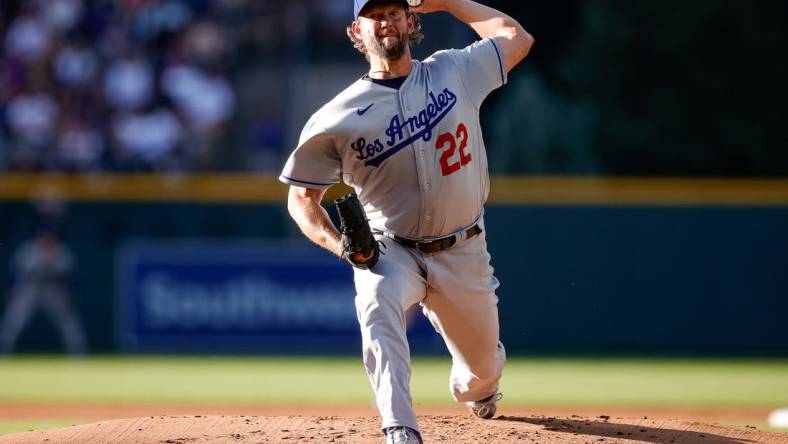 Jun 27, 2023; Denver, Colorado, USA; Los Angeles Dodgers starting pitcher Clayton Kershaw (22) pitches in the first inning against the Colorado Rockies at Coors Field. Mandatory Credit: Isaiah J. Downing-USA TODAY Sports