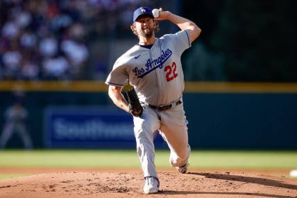 Jun 27, 2023; Denver, Colorado, USA; Los Angeles Dodgers starting pitcher Clayton Kershaw (22) pitches in the first inning against the Colorado Rockies at Coors Field. Mandatory Credit: Isaiah J. Downing-USA TODAY Sports