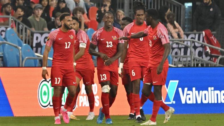 Jun 27, 2023; Toronto, Ontario, CAN;  Guadeloupe players celebrate after an own goal by Canada gave them a 2-2 tie at BMO Field. Mandatory Credit: Dan Hamilton-USA TODAY Sports