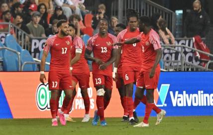 Jun 27, 2023; Toronto, Ontario, CAN;  Guadeloupe players celebrate after an own goal by Canada gave them a 2-2 tie at BMO Field. Mandatory Credit: Dan Hamilton-USA TODAY Sports