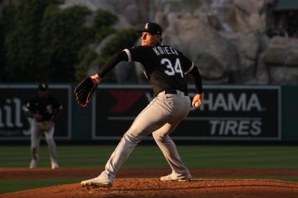 Jun 27, 2023; Anaheim, California, USA; Chicago White Sox starting pitcher Michael Kopech (34) throws in the third inningagainst the Los Angeles Angels at Angel Stadium. Mandatory Credit: Kirby Lee-USA TODAY Sports